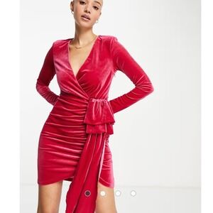 Style Cheat 50O Velvet Mini Dress Long Sleeve Hot Pink Wrap‎ Cocktail Party US 6